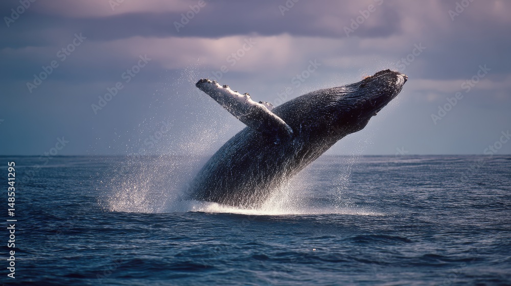 Fototapeta premium Breaching whale emerges triumphantly from the ocean, enveloped in sunlight and waves, embodying the grandeur of marine life.