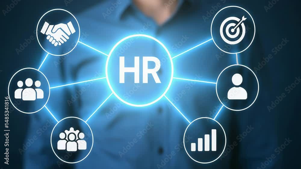 A businessman interacts with HR technology through digital icons and symbols. A businessman interacts with HR technology through digital icons and symbols.
