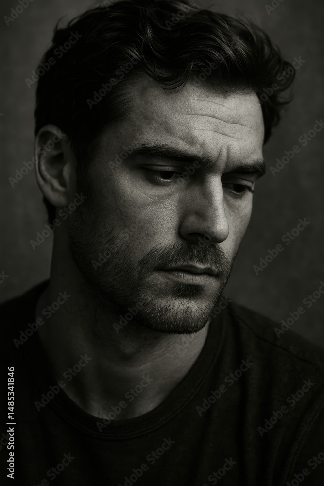 Pensive young caucasian male with beard looking down in thoughtful black and white portrait Pensive young caucasian male with beard looking down in thoughtful black and white portrait
