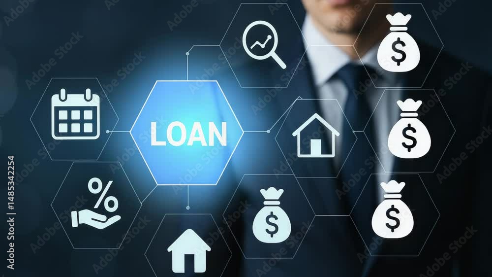 Businessman interacts with digital loan icons and financial graphics on a screen. Businessman interacts with digital loan icons and financial graphics on a screen.