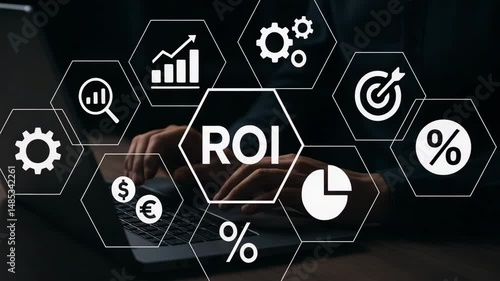 Close-up of hands analyzing business data with ROI graphics on the screen.