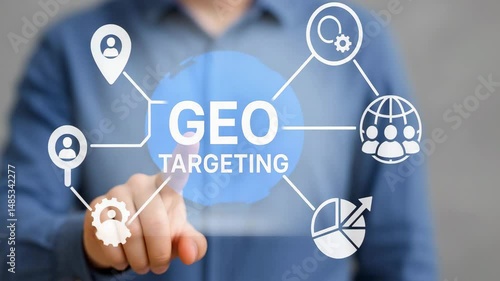 Concept of geo targeting with visual icons and analytics for digital marketing strategies.