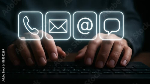 Close-up of hands typing on keyboard with contact icons overlaid for digital communication.