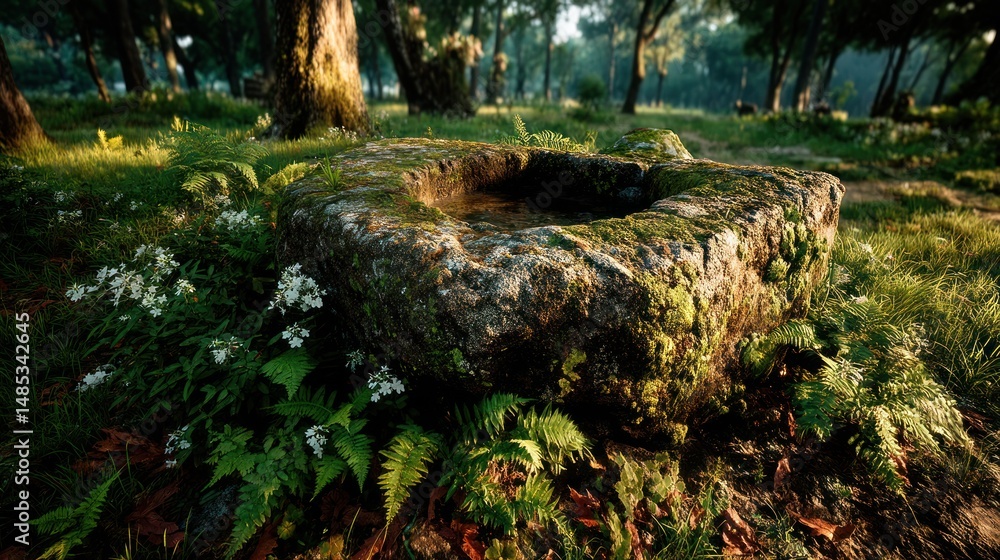 Naklejka premium Stone basin in forest sunlight