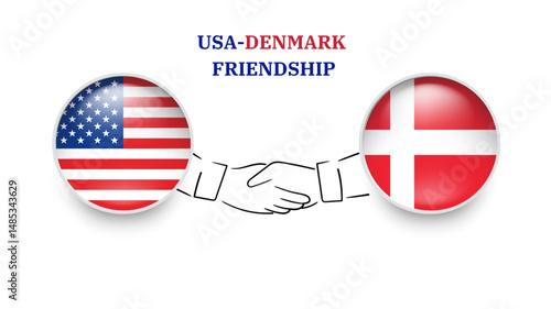 USA and denmark flags in circle with shake hand. USA And denmark friendship. USA And denmark flags, isolated on white background. Vector illustrator