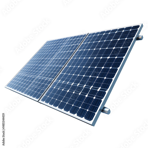 Two dark blue solar panels are angled upwards, affixed to a light gray metal framework.  The panels are positioned on a support structure.