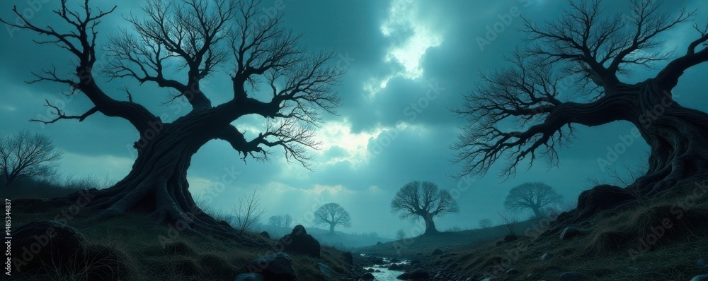 Fototapeta premium Twisted branches and gnarled trees under an ominous sky , halloween, creepy, forest