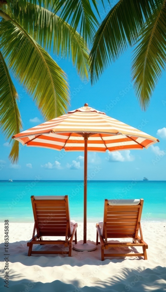 Obraz premium Two deckchairs under a striped parasol, palm trees sway nearby , summer, parasol, sun