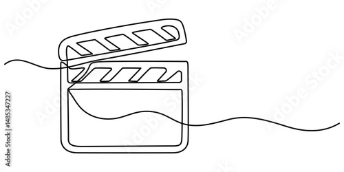 film clapper continuous one line drawing, Clapper board and film reel continuous one line drawing. Filmstrip linear element. Movie scene episode production concept. Vector illustration isolated on. 