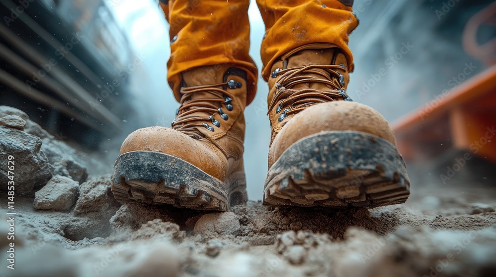 Close-up of rugged work boots standing on a dusty construction site, showcasing durability and resilience in a challenging environment Close-up of rugged work boots standing on a dusty construction site, showcasing durability and resilience in a challenging environment