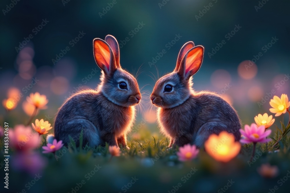 Fototapeta premium Two rabbits nestled amongst glowing wildflowers in a twilight meadow , spring, nature, image