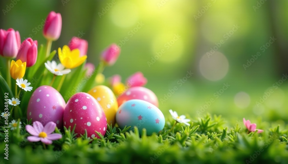 Colorful Easter eggs hidden amongst spring flowers and greenery, celebrating the holiday , festive, spring Colorful Easter eggs hidden amongst spring flowers and greenery, celebrating the holiday , festive, spring