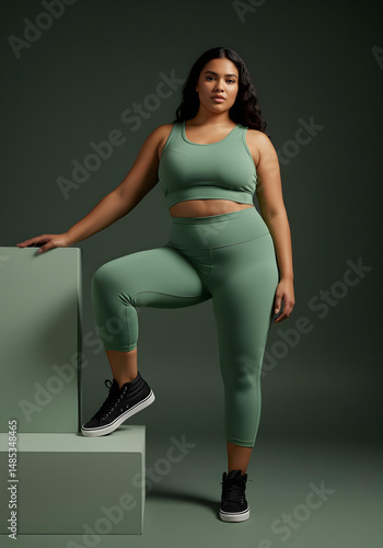 Confident Plus size Woman in Green Sportswear, Activewear