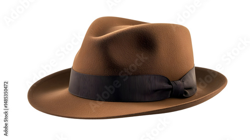 Elegant Brown Fedora Hat with Dark Ribbon Band Isolated on White Background