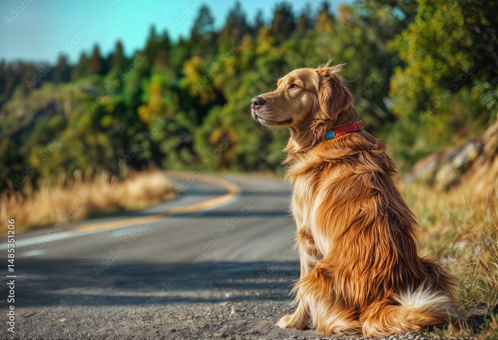 Obraz premium a golden retriever sits attentively beside a winding road, gazing into the distance with a backdrop of lush green trees.