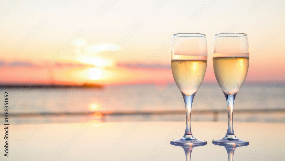 Two glasses of white wine on reflective surface with ocean sunset background, romantic beach setting, summer celebration, seaside relaxation, elegant coastal dining, sunset toasts Two glasses of white wine on reflective surface with ocean sunset background, romantic beach setting, summer celebration, seaside relaxation, elegant coastal dining, sunset toasts