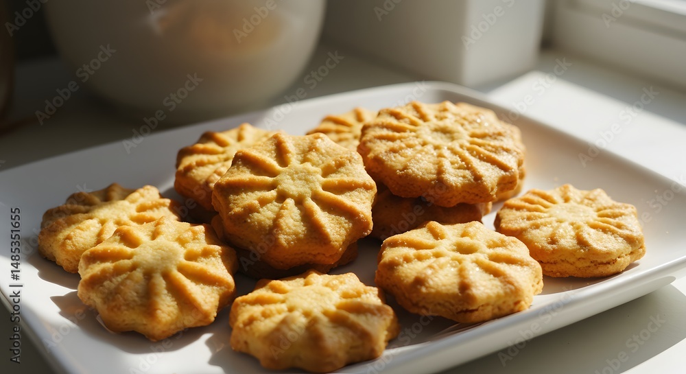 Delicious Sunlit Butter Cookies on White Plate Delicious Sunlit Butter Cookies on White Plate