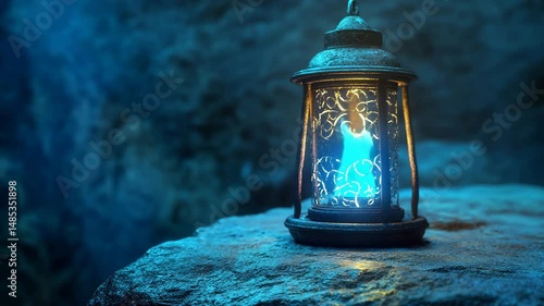A blue lantern sits on a rock in the dark. The lantern is lit up and has a blue light. The lantern is surrounded by darkness, which creates a mysterious and calming atmosphere