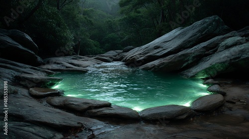 bioluminescent cave pool glowing in dark chamber