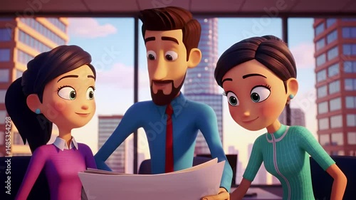 Animated Business Team Discussing Plans in Modern Office