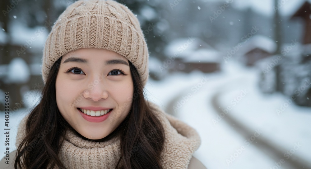 Smiling woman in winter wonderland setting Smiling woman in winter wonderland setting