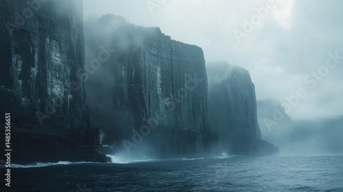 Dramatic Cliffs and Misty Ocean in a Dark Seascape
