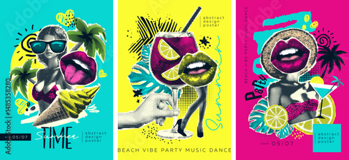 An exciting series of bold and colorful pop art collage illustrations on the theme of summer, beach and parties