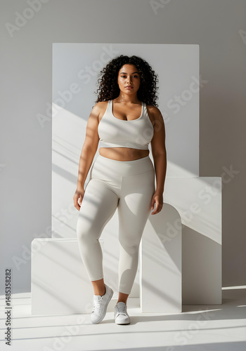 Confident Plus size Woman in White Sportswear, Activewear