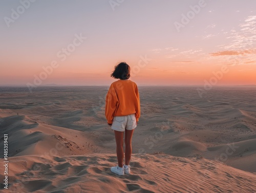 Person standing on a sand dune at sunset.