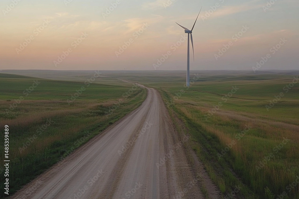 Obraz premium Spinning wind turbine at dusk along a rural road in an expansive landscape