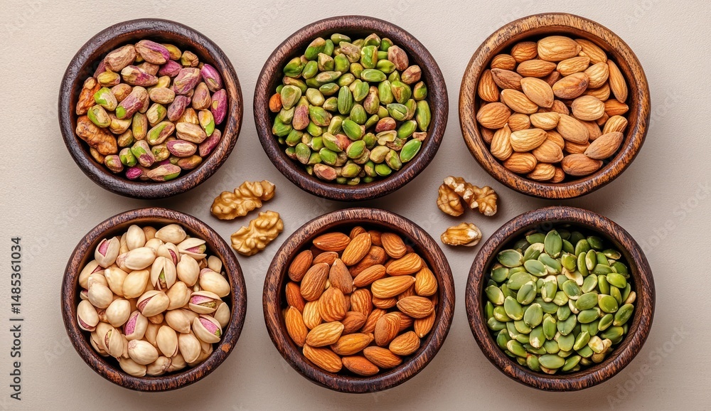 Assortment of various nuts and seeds including almonds, pistachios, walnuts, and pumpkin seeds neatly arranged in dark wooden bowls on a light background Assortment of various nuts and seeds including almonds, pistachios, walnuts, and pumpkin seeds neatly arranged in dark wooden bowls on a light background
