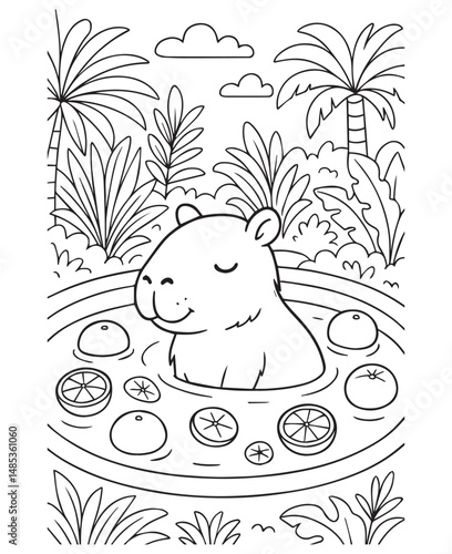 Coloring book capybara soaks in a tub filled with citrus fruits in a tropical setting with palm trees and clouds