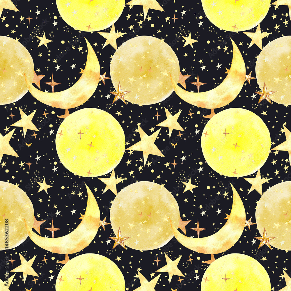 Naklejka premium Hand Painted Celestial Pattern with Stars and Moons