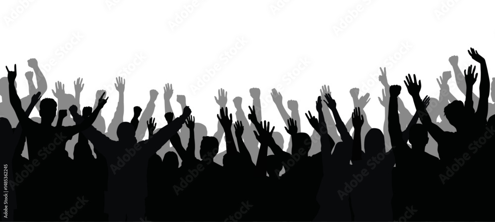 Naklejka premium Vector silhouette of a cheering crowd with hands in the air - concert, festival, sport fans