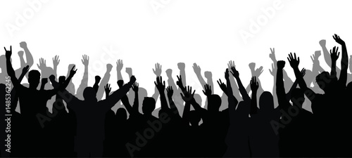 Vector silhouette of a cheering crowd with hands in the air - concert, festival, sport fans