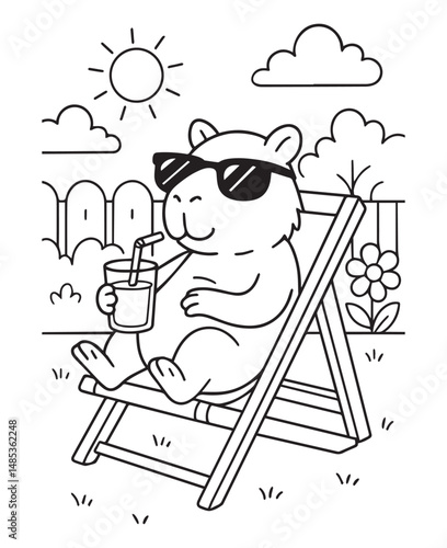 Coloring book capybara wearing sunglasses relaxes in a deck chair, sipping a drink under the bright sun and fluffy clouds in a garden