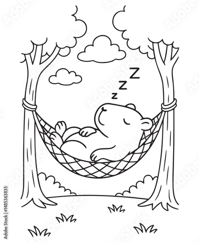 Coloring book capybara sleeps peacefully in a hammock strung between two trees under fluffy clouds, 