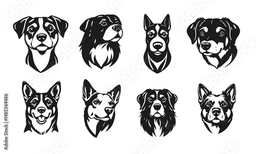 Set of dog head images, pet vector illustrations, faces of loyal dog breeds, black and white dog design, dog portrait	