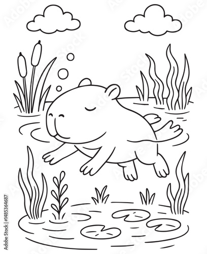 Coloring book capybara floats peacefully in a pond surrounded by reeds, lily pads, and bubbles under fluffy clouds