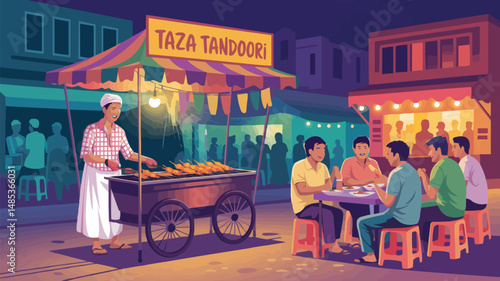 Evening scene of tandoori street food stall serving customers in colorful city