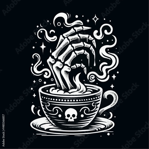 Skeleton hand emerging from a cup with steam on a black background for Halloween - eerie concept