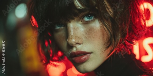 Modern Cyberpunk Fashion Portrait of Enthusiastic Woman in Neon City Streets