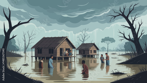Illustration of people wading through floodwaters near stilt houses in a natural disaster scenario