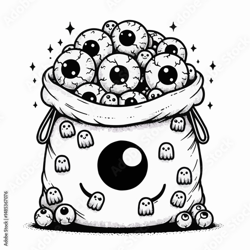 Bag full of spooky eyes and ghostly figures, symbolizing Halloween fun and creativity, whimsical illustration
