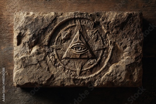 Carved stone slab featuring all-seeing eye symbol.