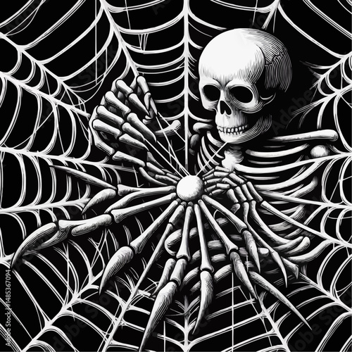Skeleton caught in a spider web, symbolizing Halloween horror and creativity, detailed monochrome illustration
