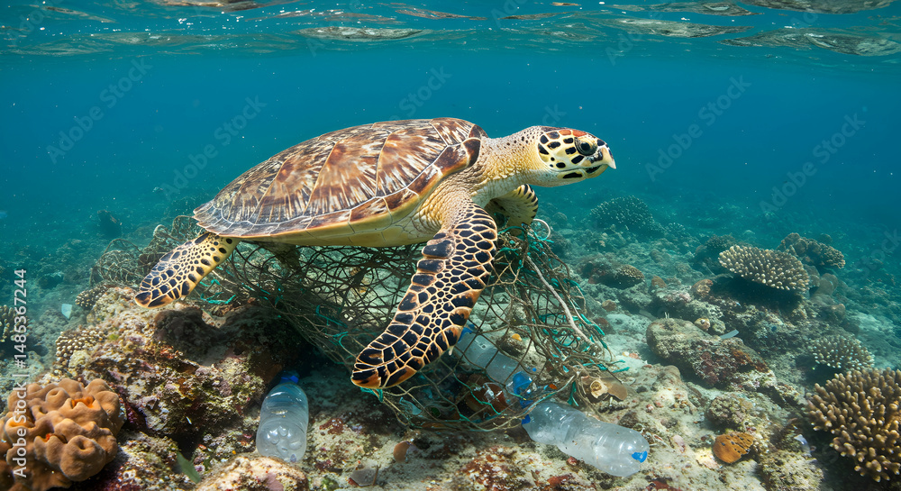 Obraz premium Sea Turtle Swimming Underwater Entangled in Net and Plastic Pollution