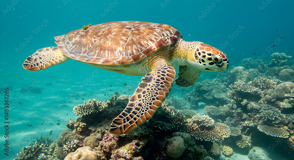 Fototapeta premium Sea Turtle Swimming Underwater Near Coral Reef