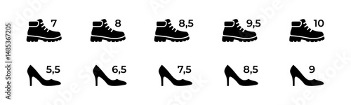 American footwear size vector icons for men and women. Shoe sizing symbols in clean flat icon set.