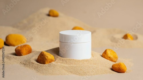 White Eye Cream Jar on Natural Sand with Warm Orange Stones – Skincare Product Mockup